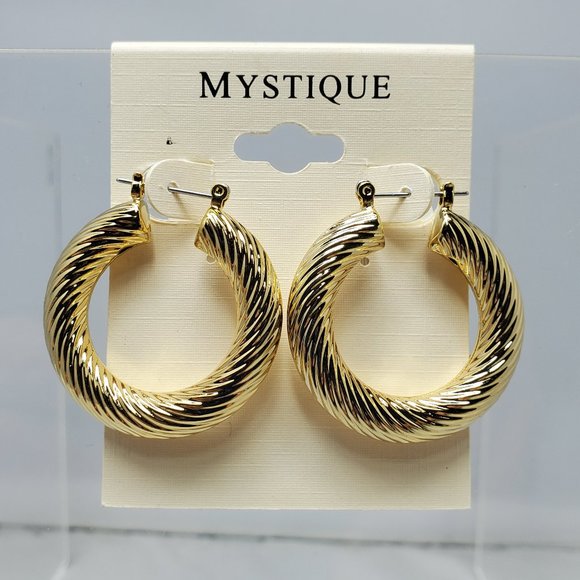2 PAIRS OF DEVAN & MYSTIQUE GOLD TWISTED GOLD HOOP EARRINGS WITH RHINESTONES - Picture 3 of 6